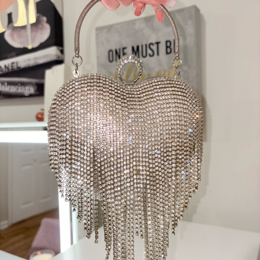 Crystal Fringe Heart Evening Bag - Silver